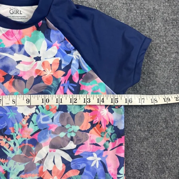 ATHLETA GIRL Mock Neck Rashguard Short Sleeve Blue Floral Swim Shirt size: Large - Picture 5 of 6
